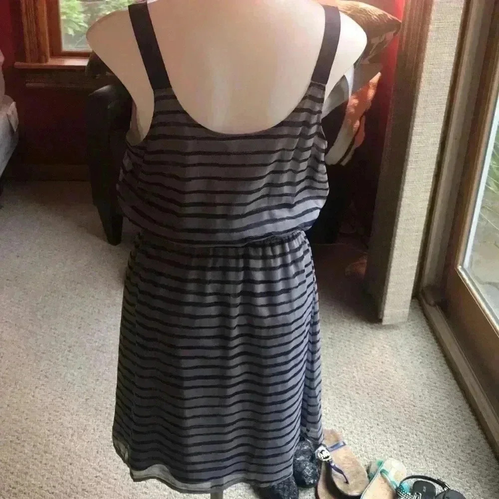 Gray and Navy stripe dress with ribbon straps - Picture 4 of 5